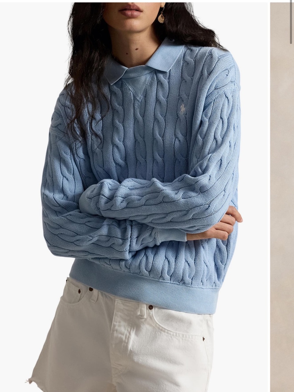 Polo Ralph Lauren blue Layered Collar Cable Stitch Cotton Sweater